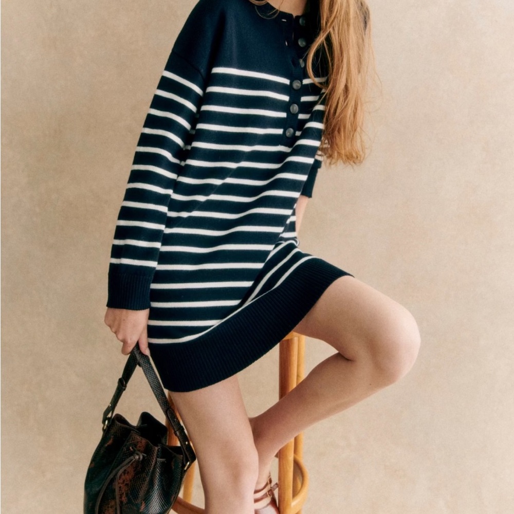 Sezane EVELYN Navy and White Striped Dress (merino)